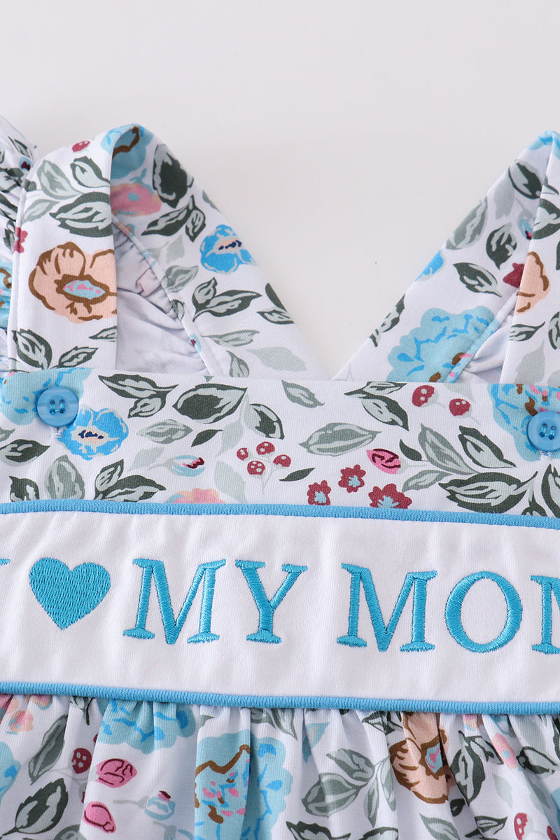 Premium Blue Floral I Love Mom Embroidery Dress