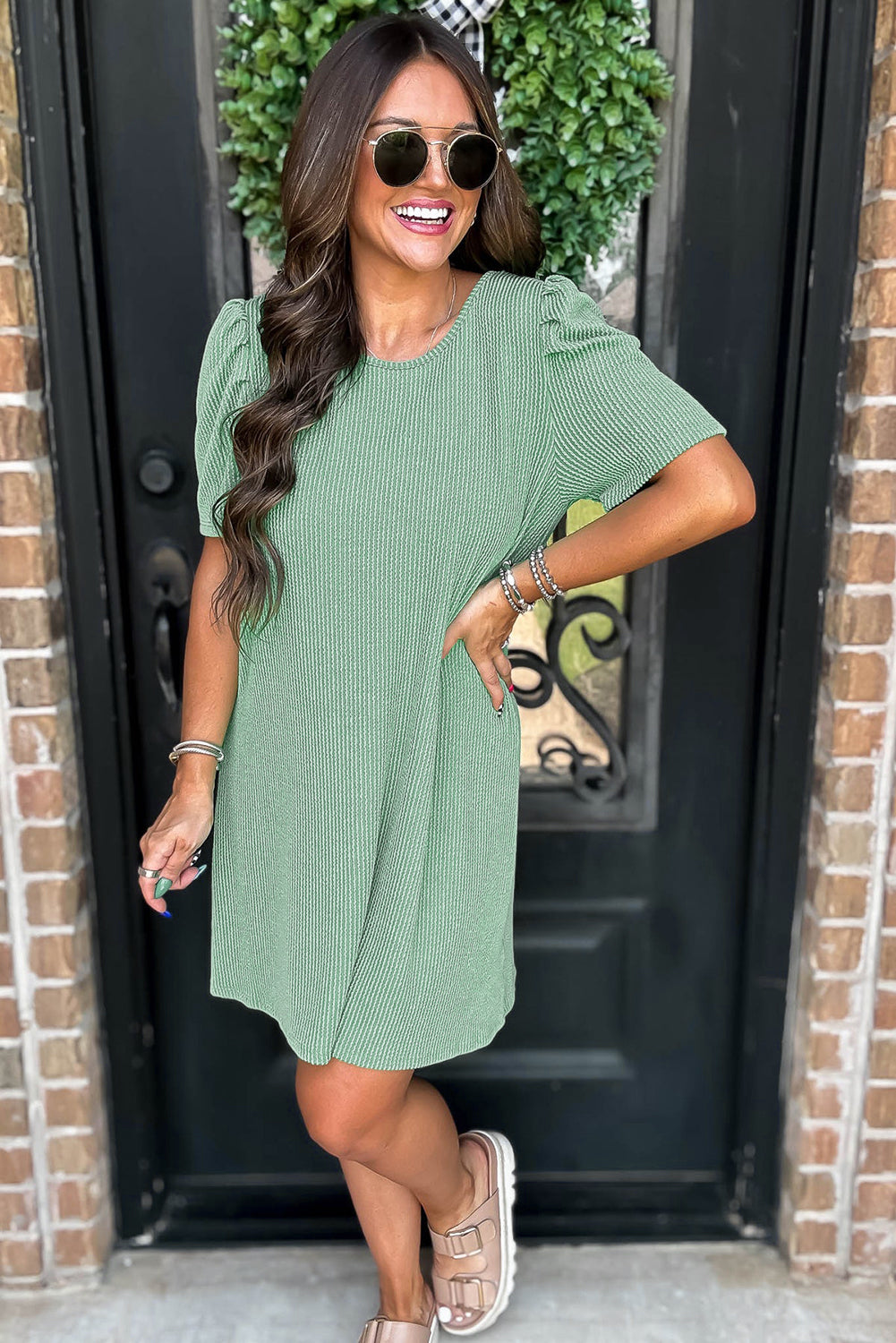 Mint Green Corded Crew Neck Puff Sleeve Mini Dress