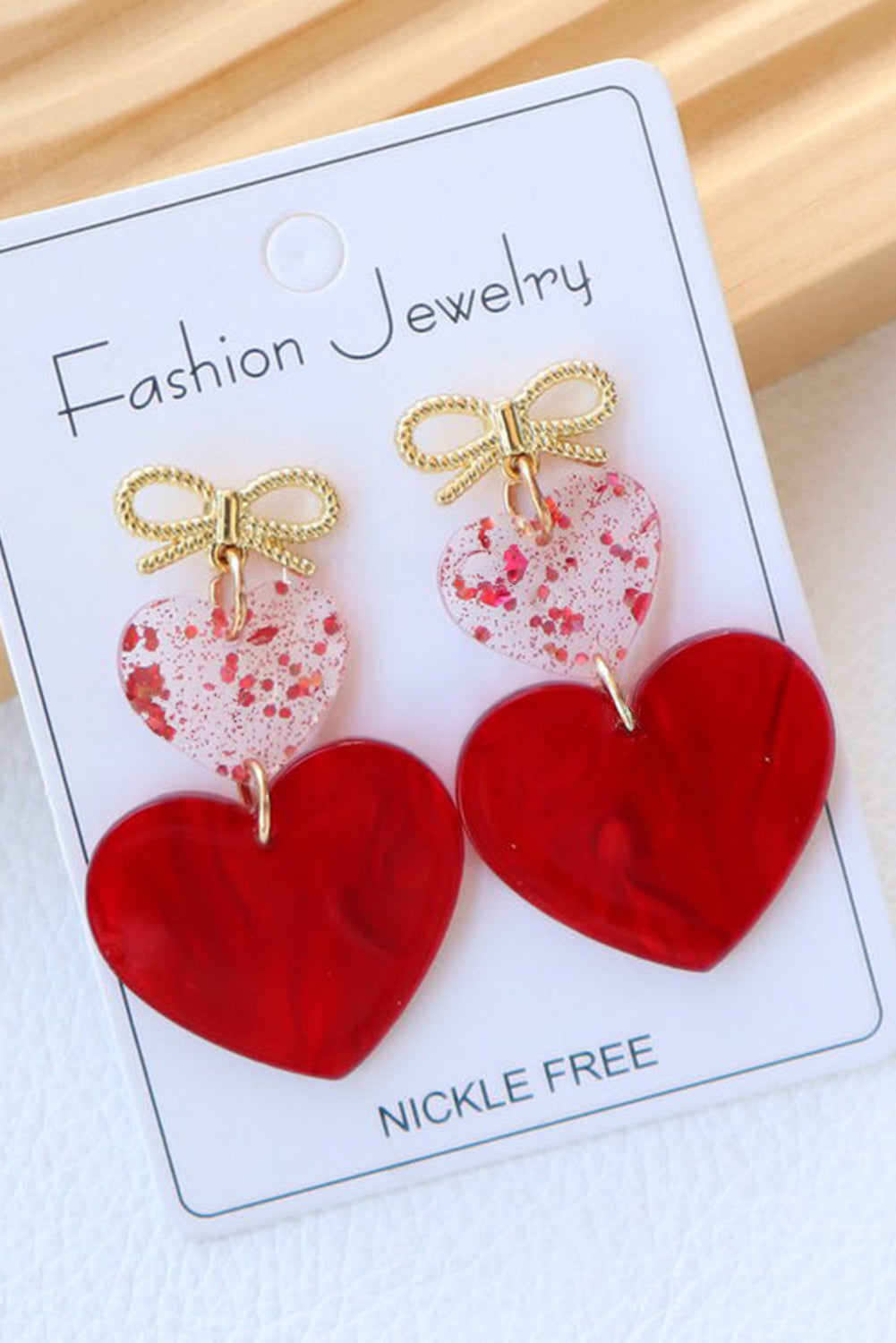 Fiery Red Heart Bowknot Valentines Earrings