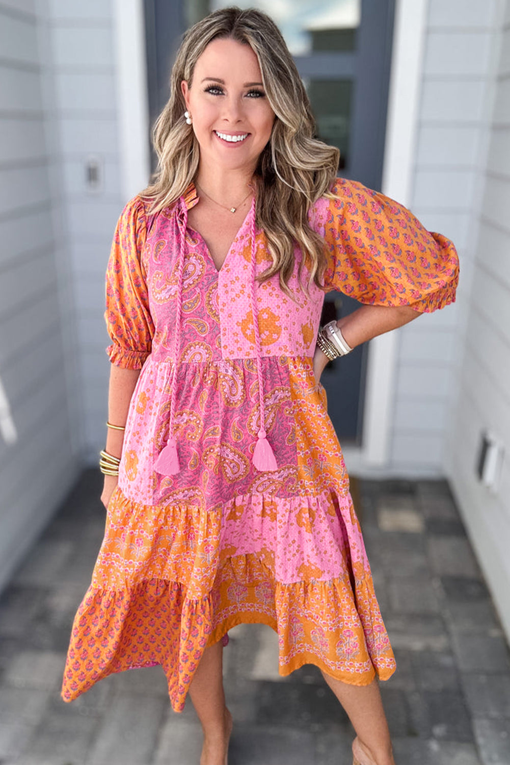 Pink Boho Paisley Floral Patchwork Tassel Tie Plus Size Midi Dress