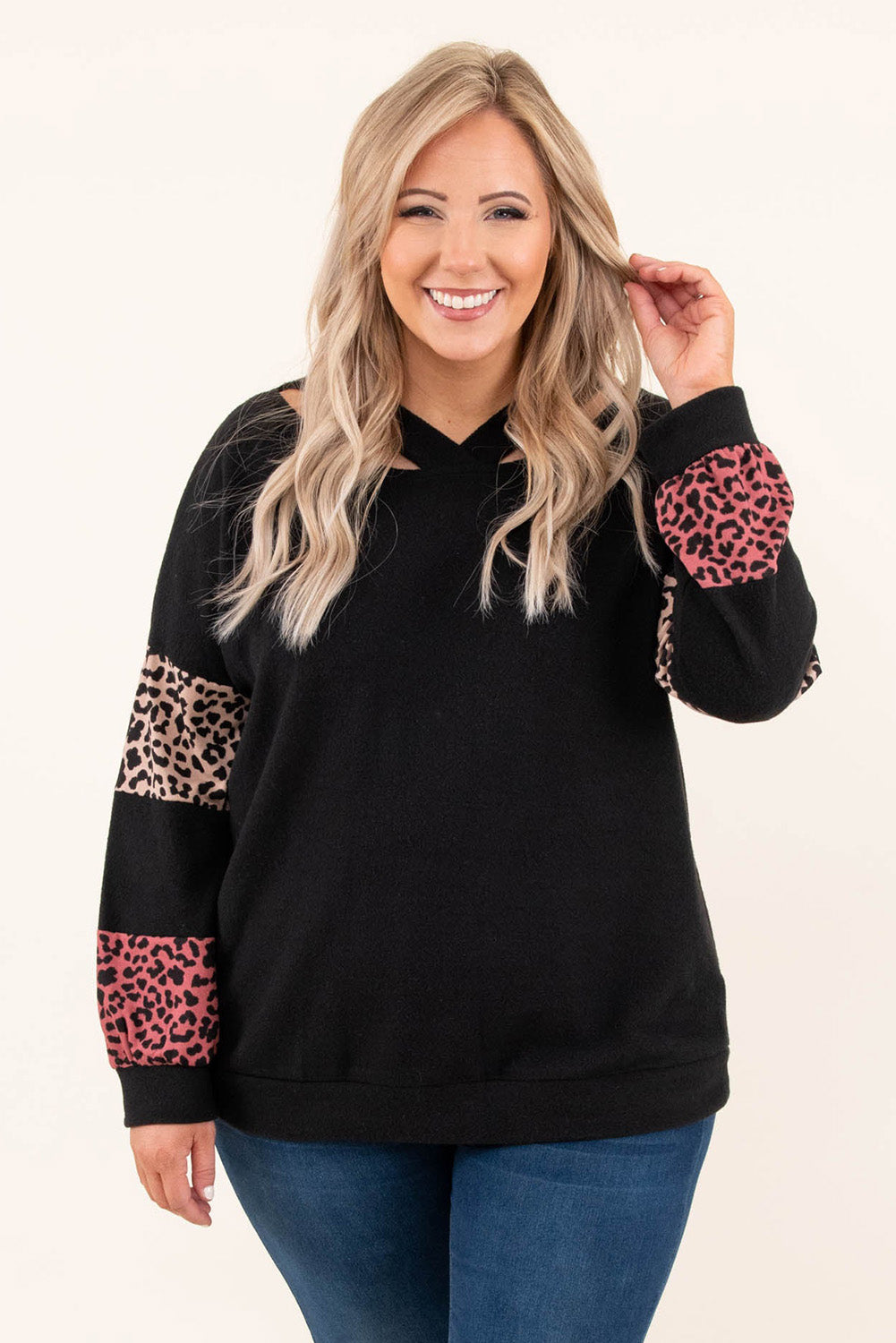 Black Plus Size Leopard Patchwork Strappy Neck Top