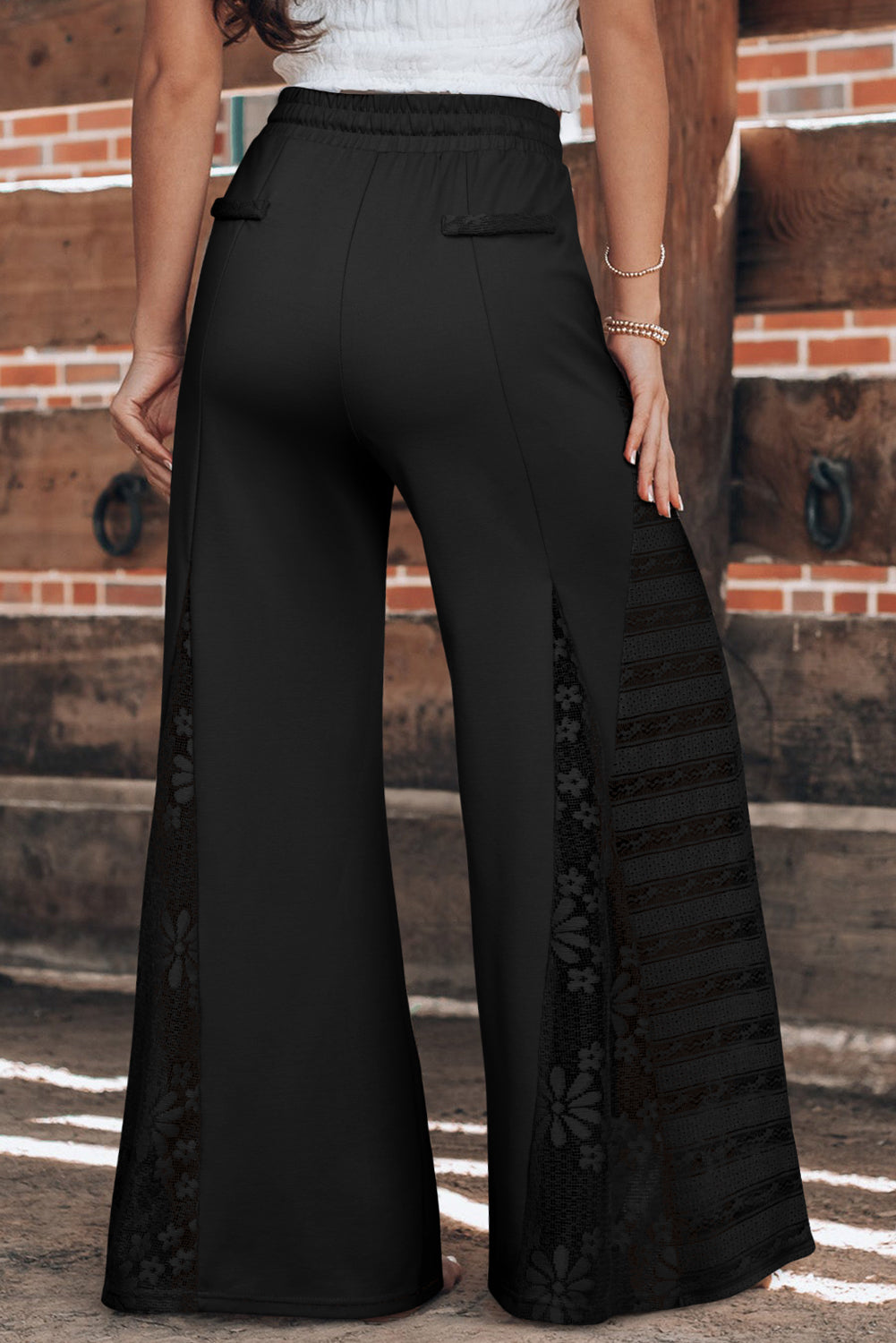 Black Lace Patchwork Wide Leg High Waist Pants