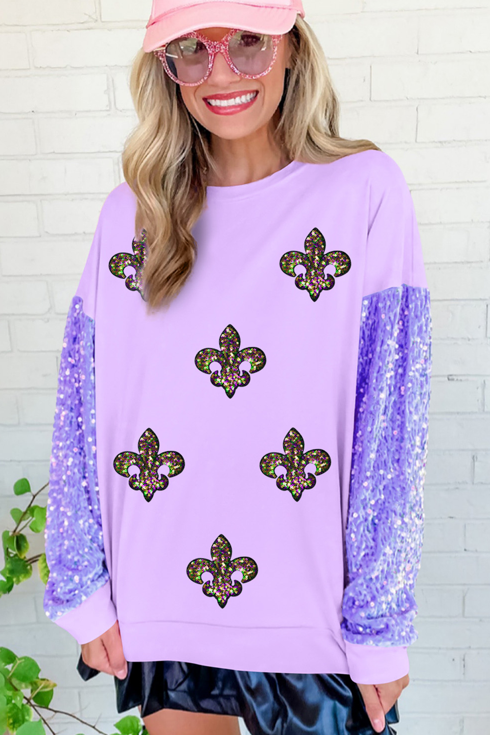 Orchid Petal Mardi Gras Pattern Sequin Sleeve Patchwork Top