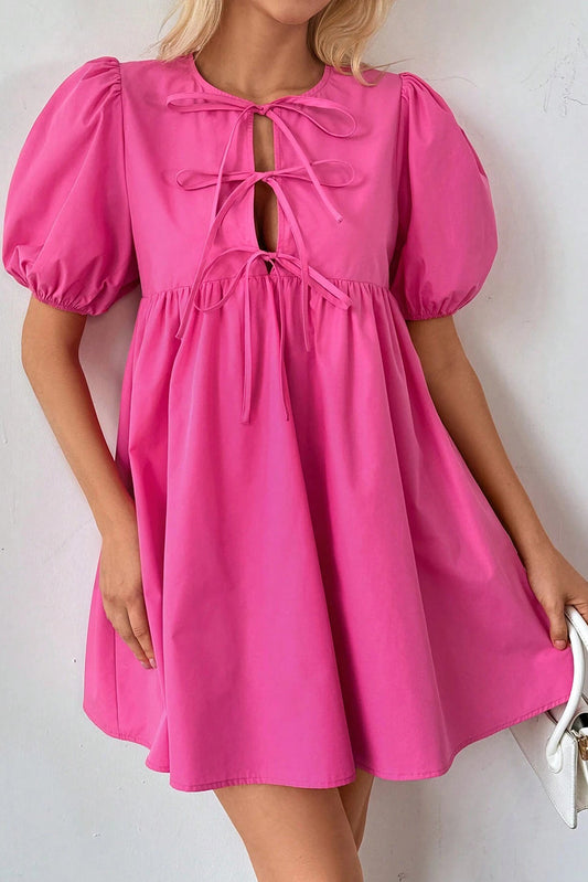 Bright Pink Tie Front Puff Sleeve Mini Dress