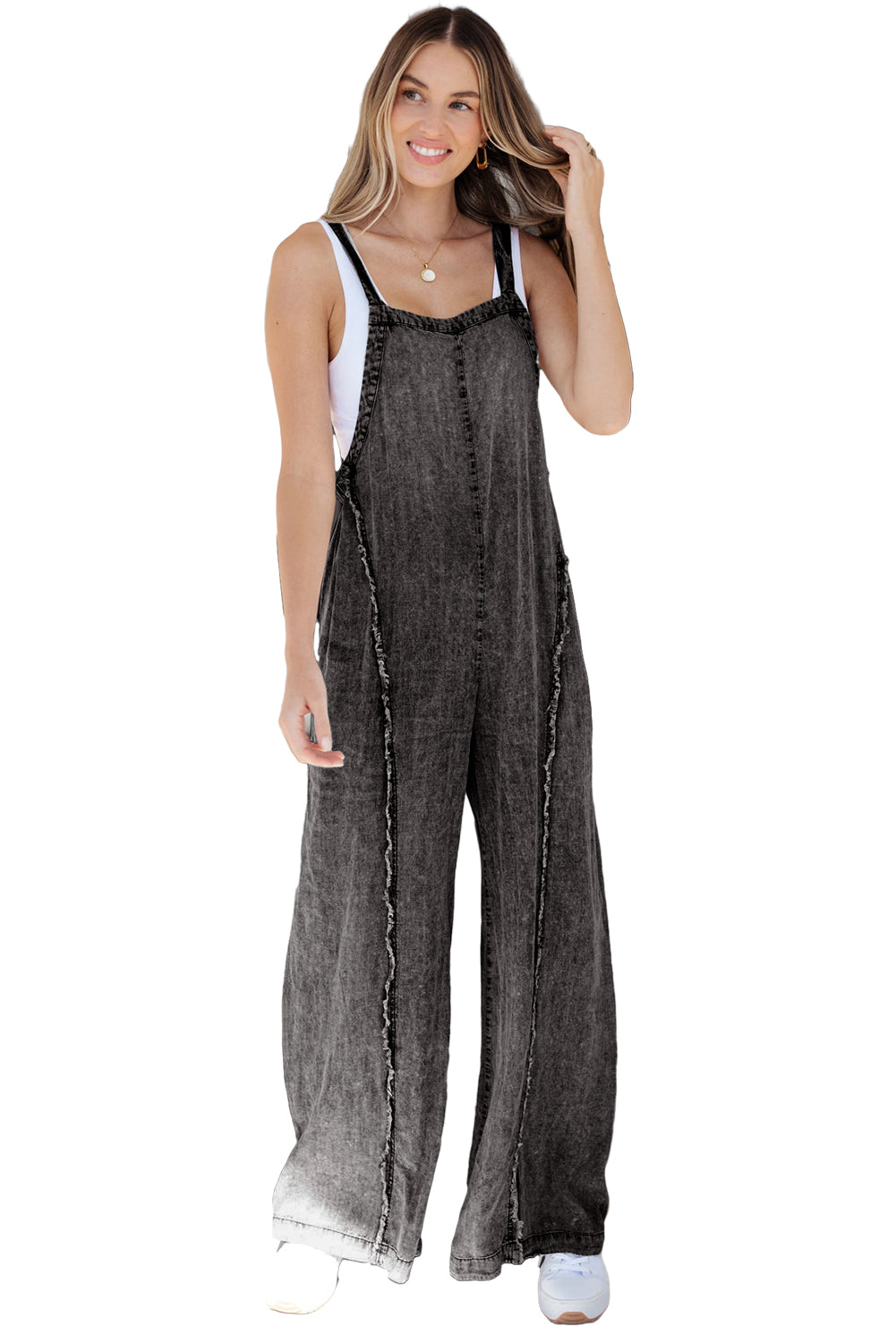 Dark Grey Light Wash Frayed Exposed Seam Wide Leg Denim Overalls