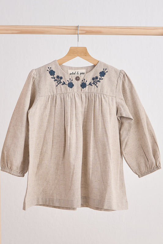 Gray Floral Embroidery Linen Girl Dress