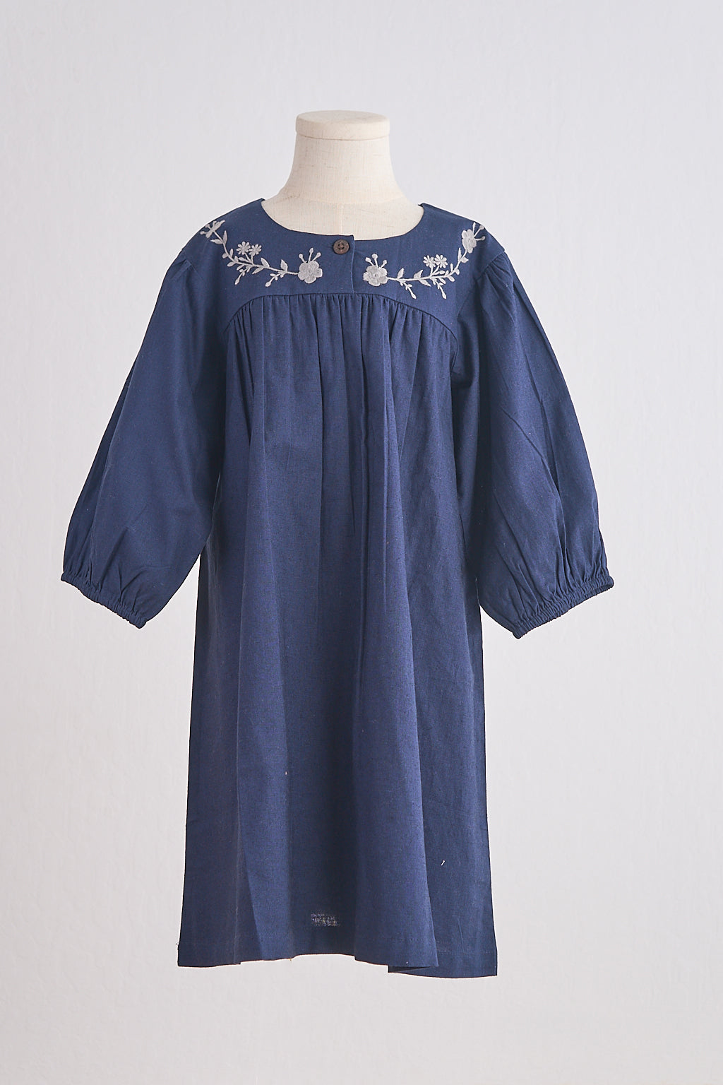 Navy Floral Embroidery Linen Girl Dress