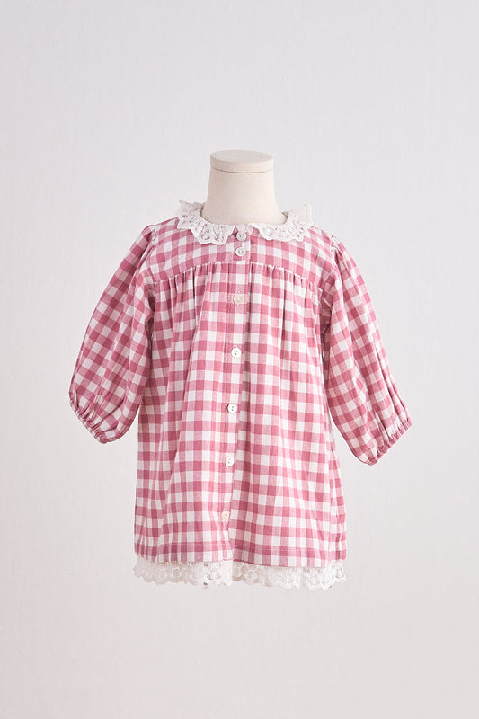 Pink Gingham Flannel Lace Dress