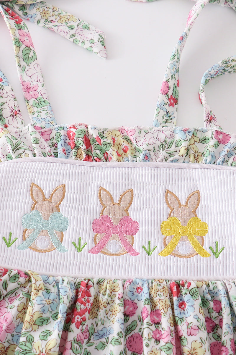 Easter Floral Print Bunny Embroidery Girl Dress