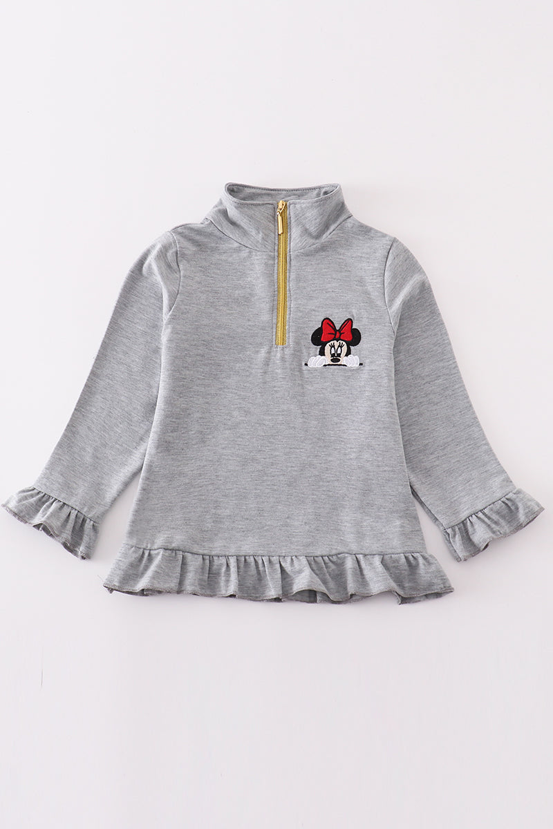 Grey Character Embroidery Girl Zipper Pullover