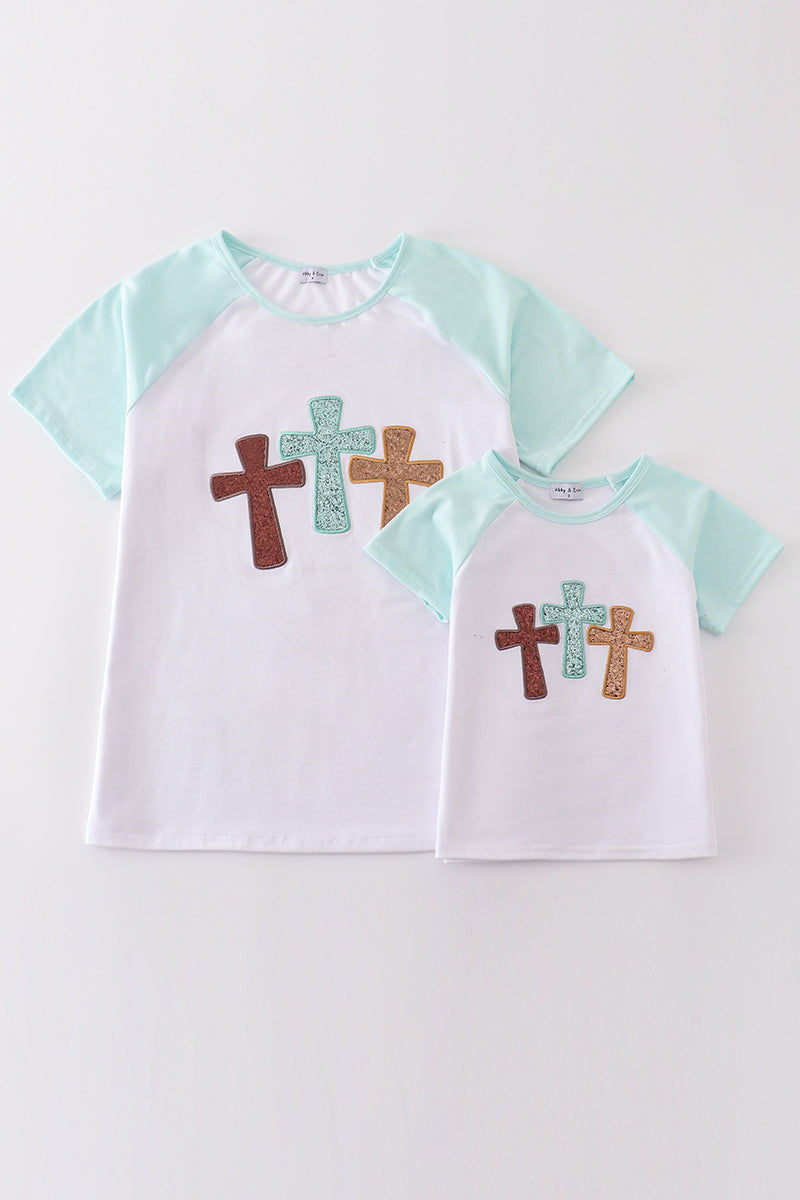 White Cross He Is Risen Glitter Embroidery Mom&Me Top