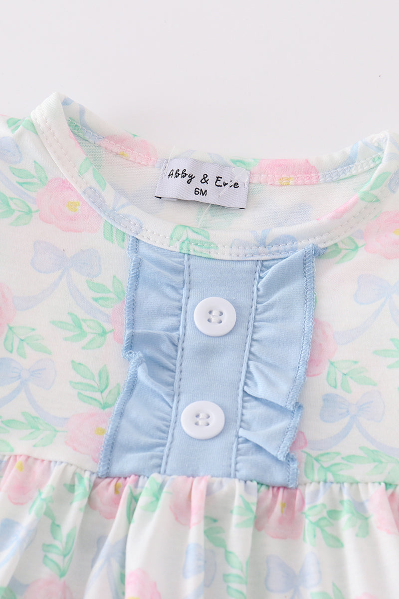 Blue Floral Bow Print Girl Bloomer Set