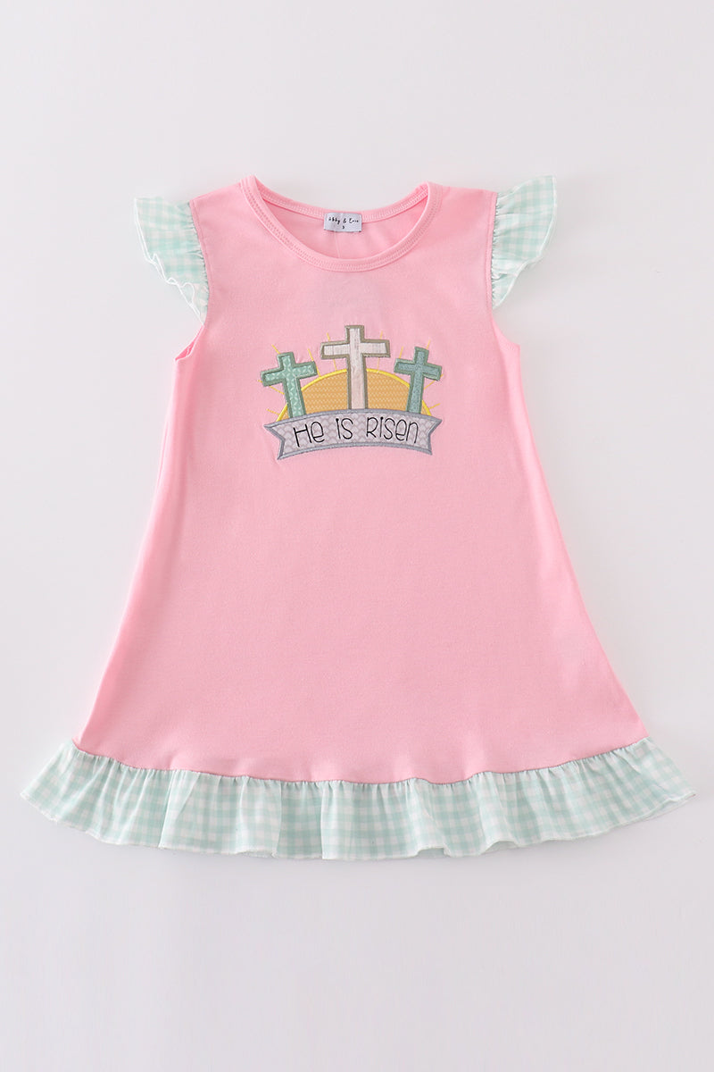 Pink Easter He Is Risen Applique Girl Dress