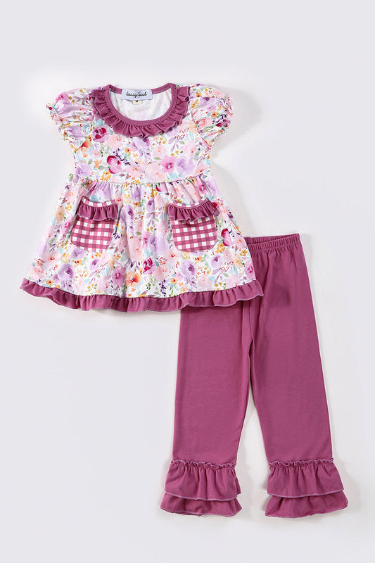 Purple Floral Print Girl Pants Set