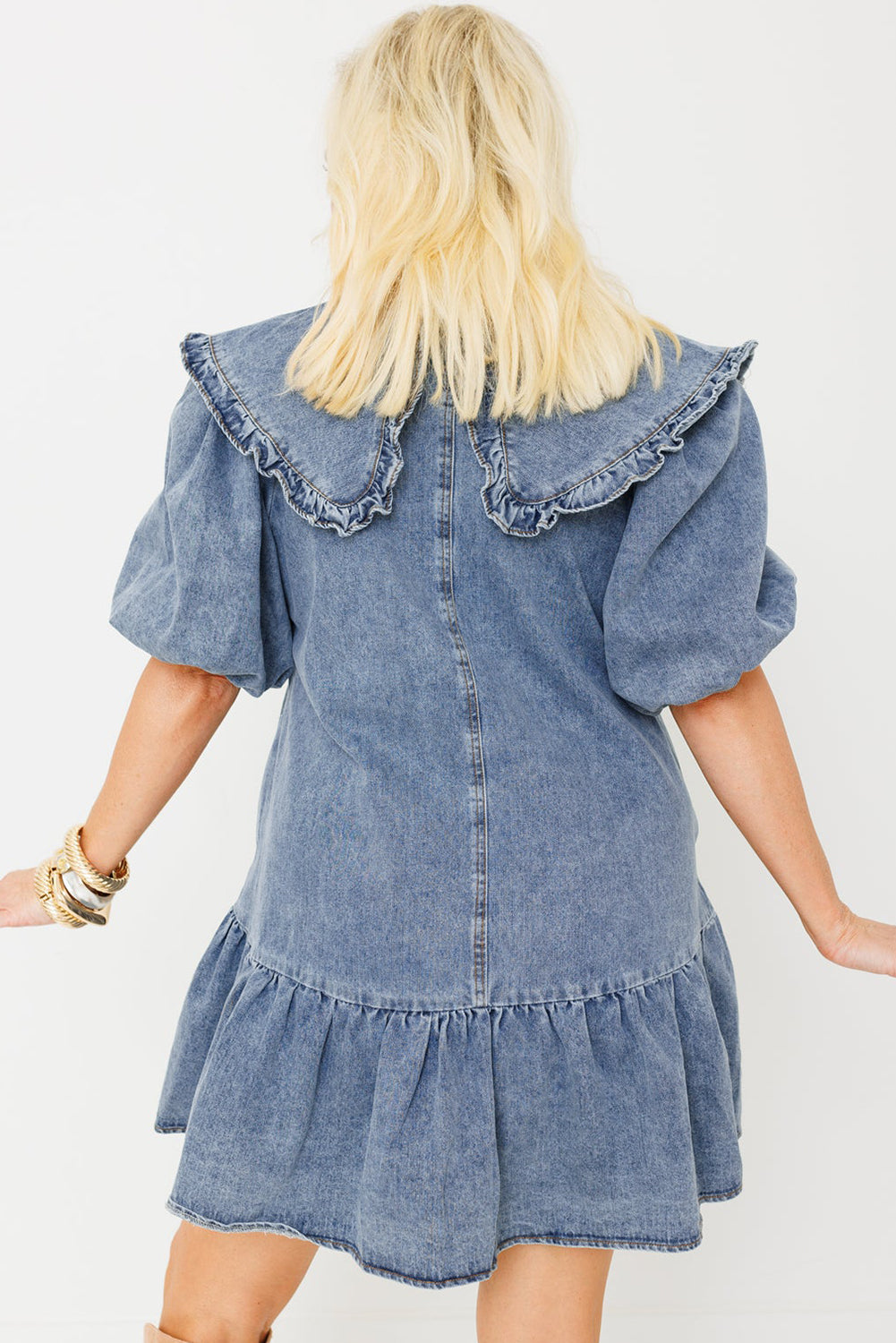 Dusk Blue Ruffle Collar Side Pockets Puff Sleeve Denim Mini Dress