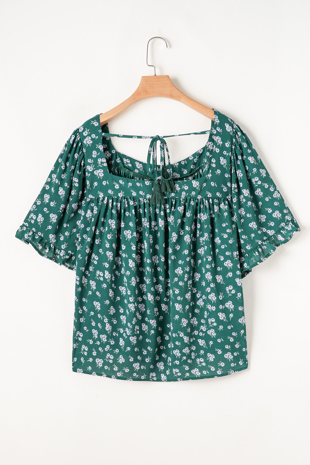 Green Floral Print Square Neck Ruffle Trim Plus Size Blouse