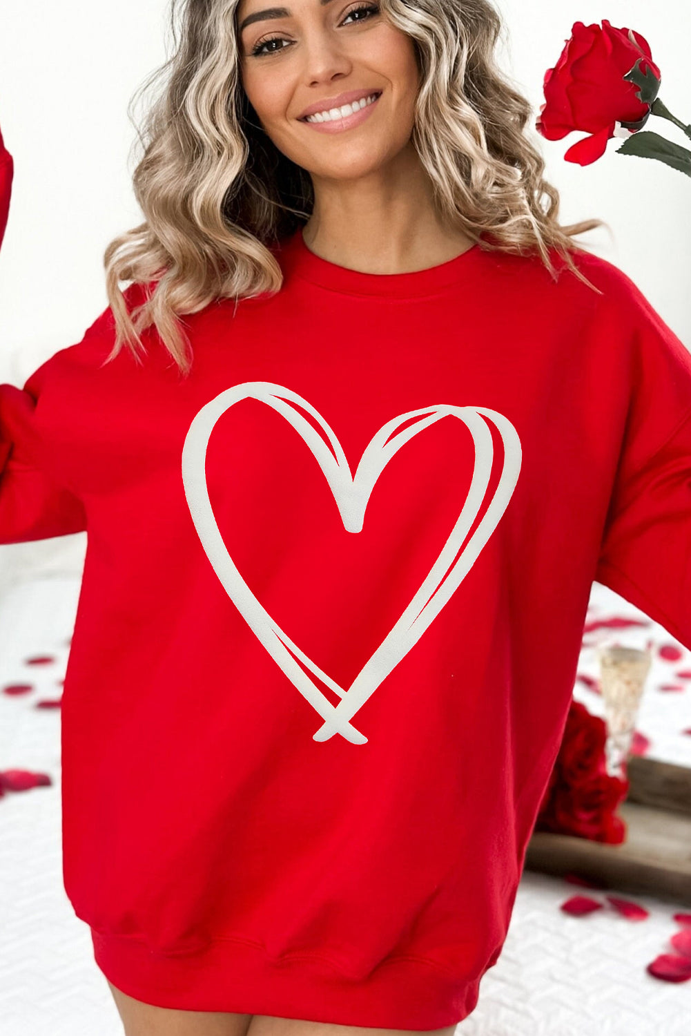 Red Double Heart Print Valentines Drop Shoulder Sweatshirt