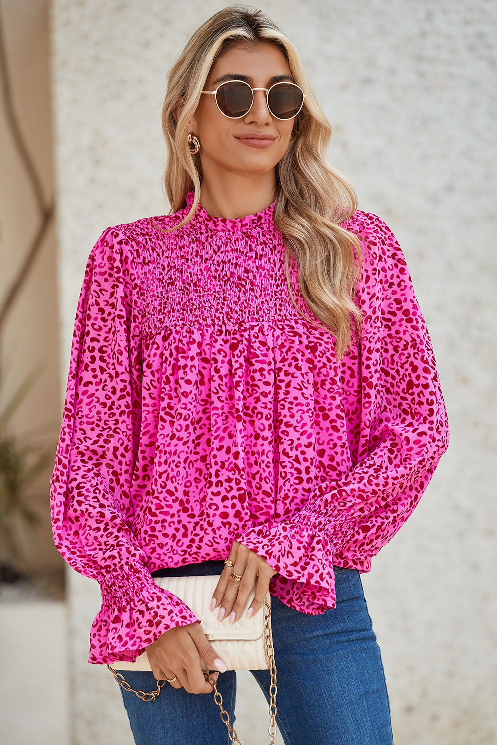 Rose Leopard Shirred Puff Sleeve Flowy Blouse