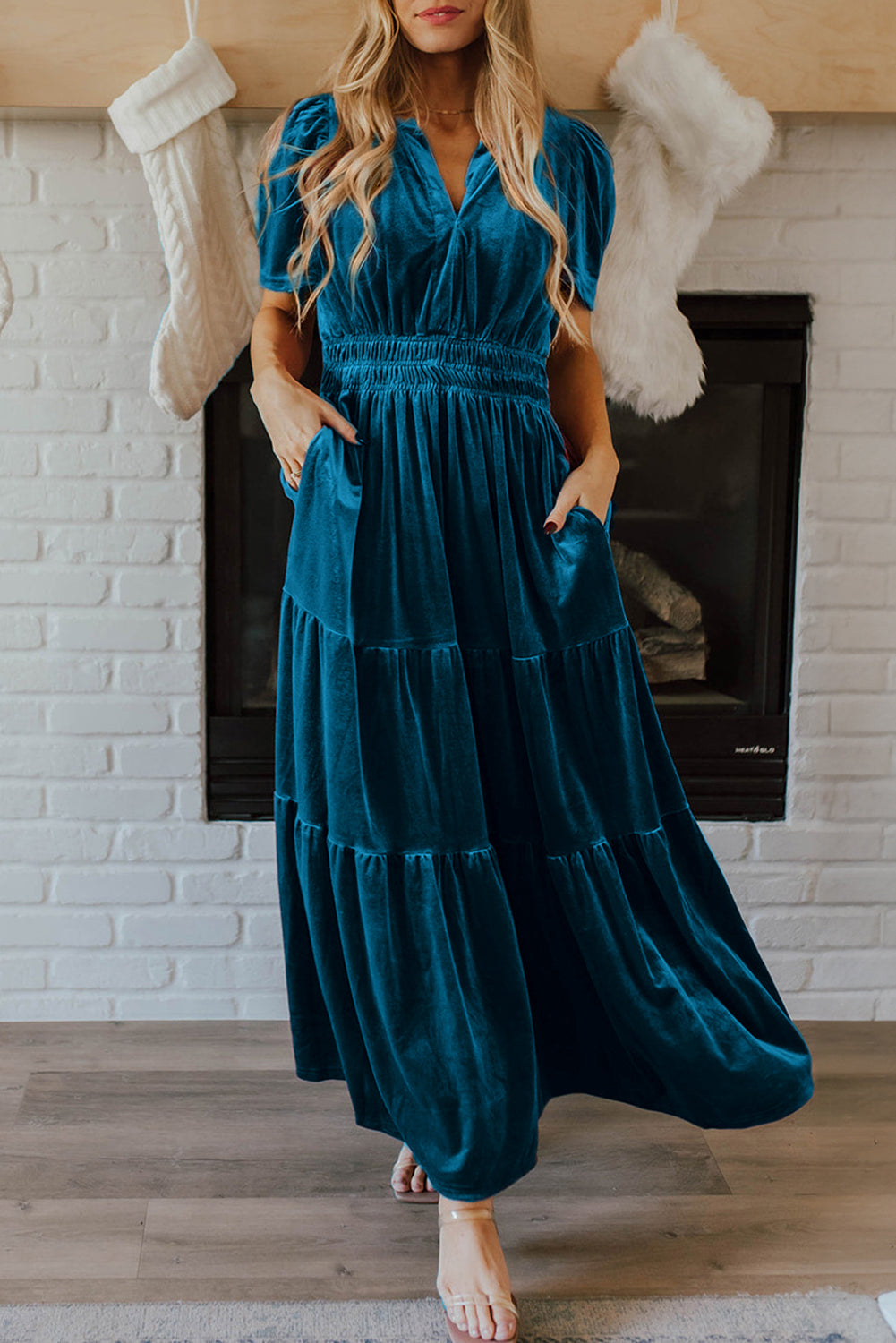 Evergreen Velvet Puff Short Sleeve Smocked Waist Tiered Maxi Dress