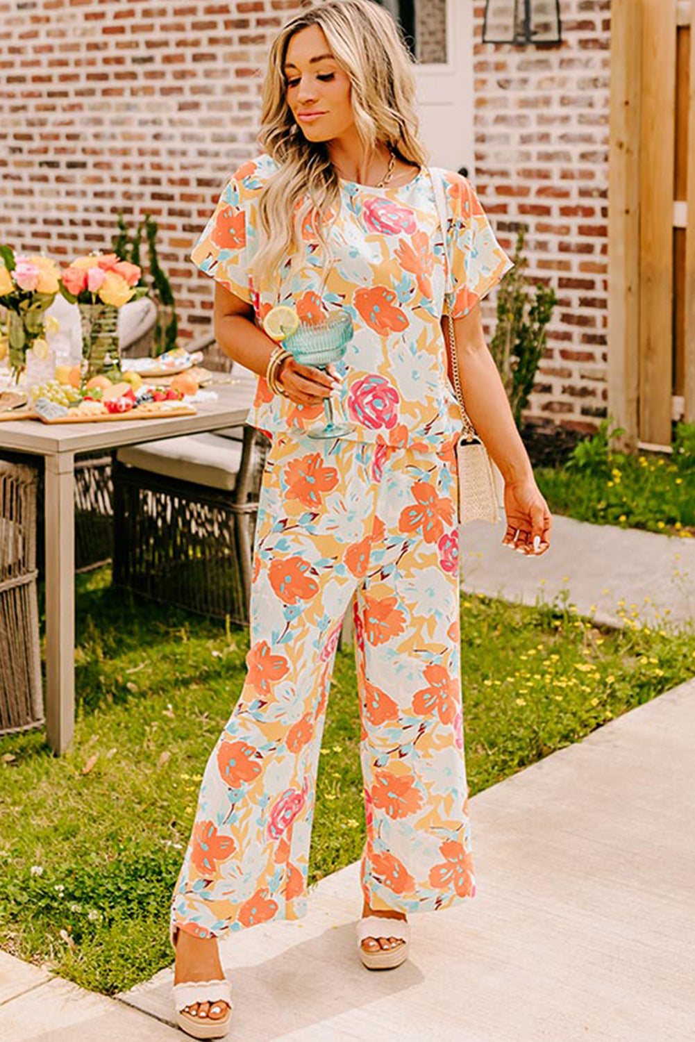 Orange Vibrant Floral Print Blouse and Wide Leg Pants Set