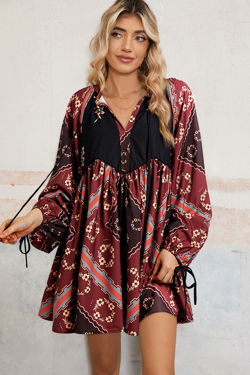 Red Boho Floral Geometric Short Sleeve V-Neck Tie Dress