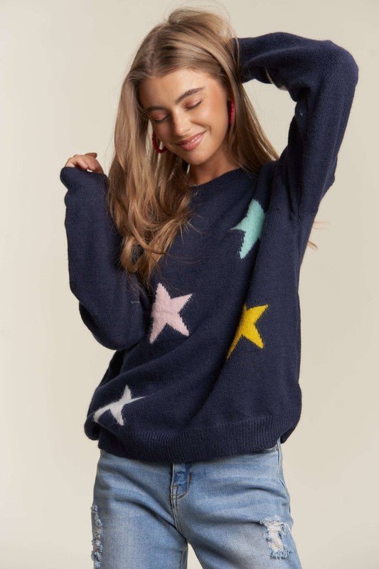 ADORA Stars Pattern Round Neck Drop Shoulder Sweater - K & K's Bargain Boutique