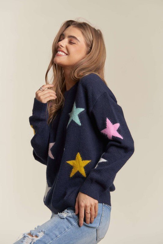 ADORA Stars Pattern Round Neck Drop Shoulder Sweater - K & K's Bargain Boutique