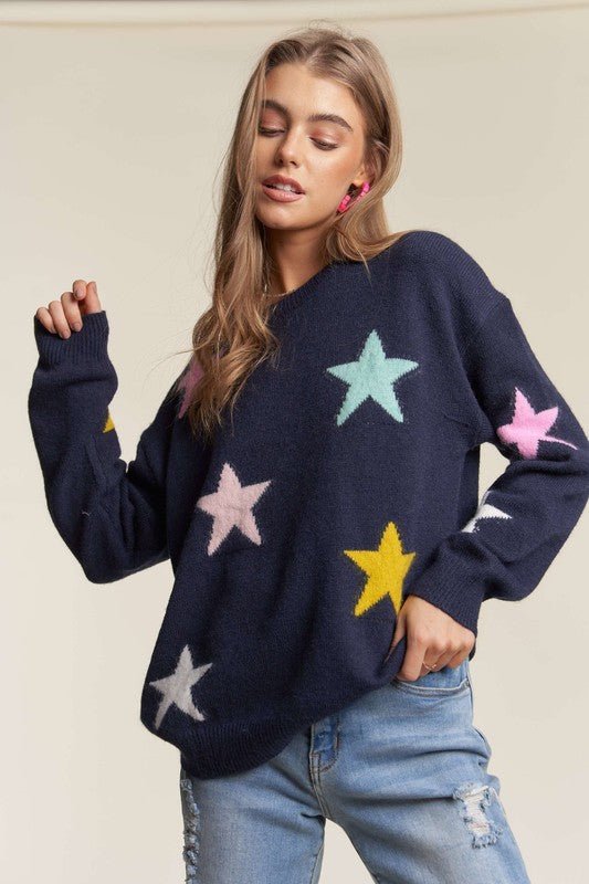 ADORA Stars Pattern Round Neck Drop Shoulder Sweater - K & K's Bargain Boutique