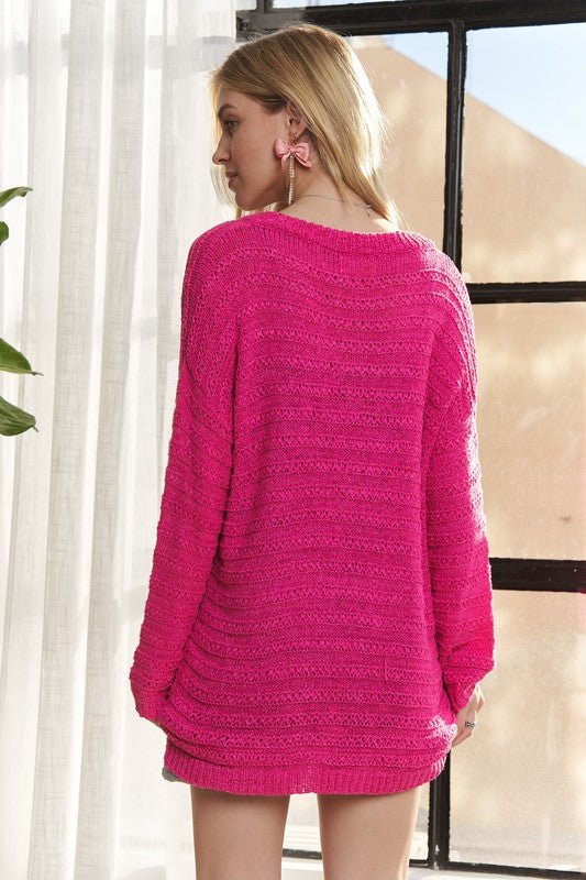 ADORA V - Neck Drop Shoulder Long Sleeve Sweater - K & K's Bargain Boutique