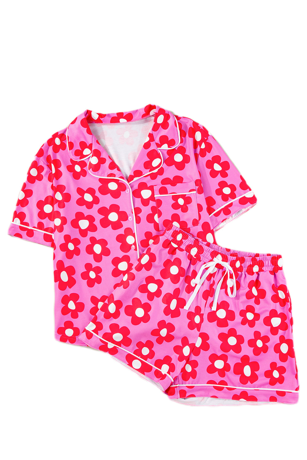 Pink Flower Print Buttoned Shirt And Drawstring Waist Pajama Set