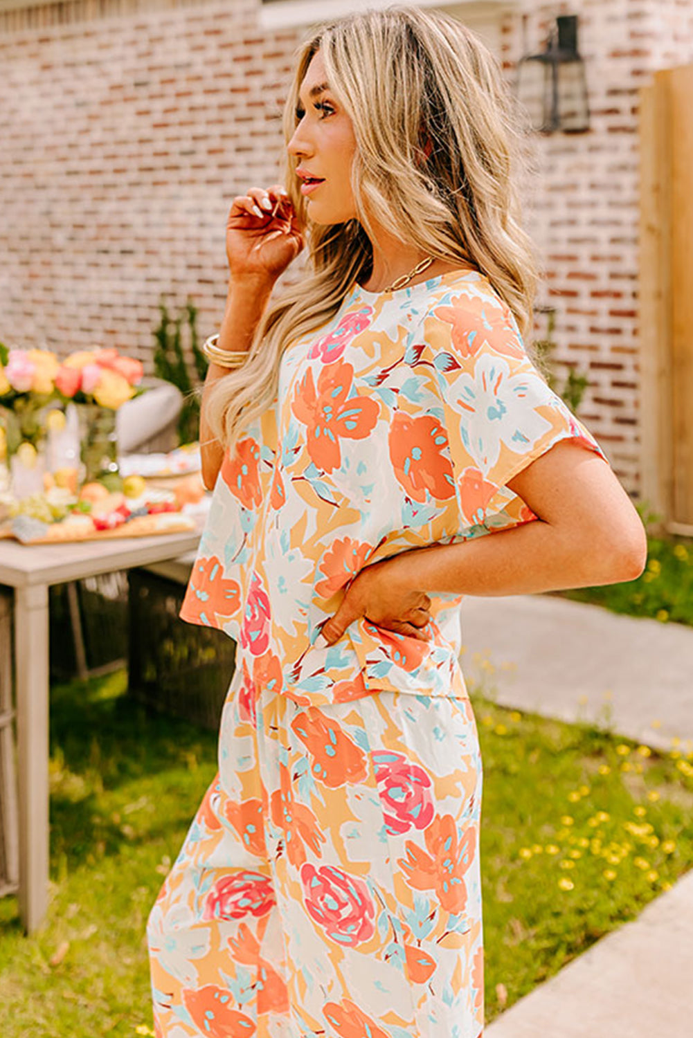 Orange Vibrant Floral Print Blouse and Wide Leg Pants Set