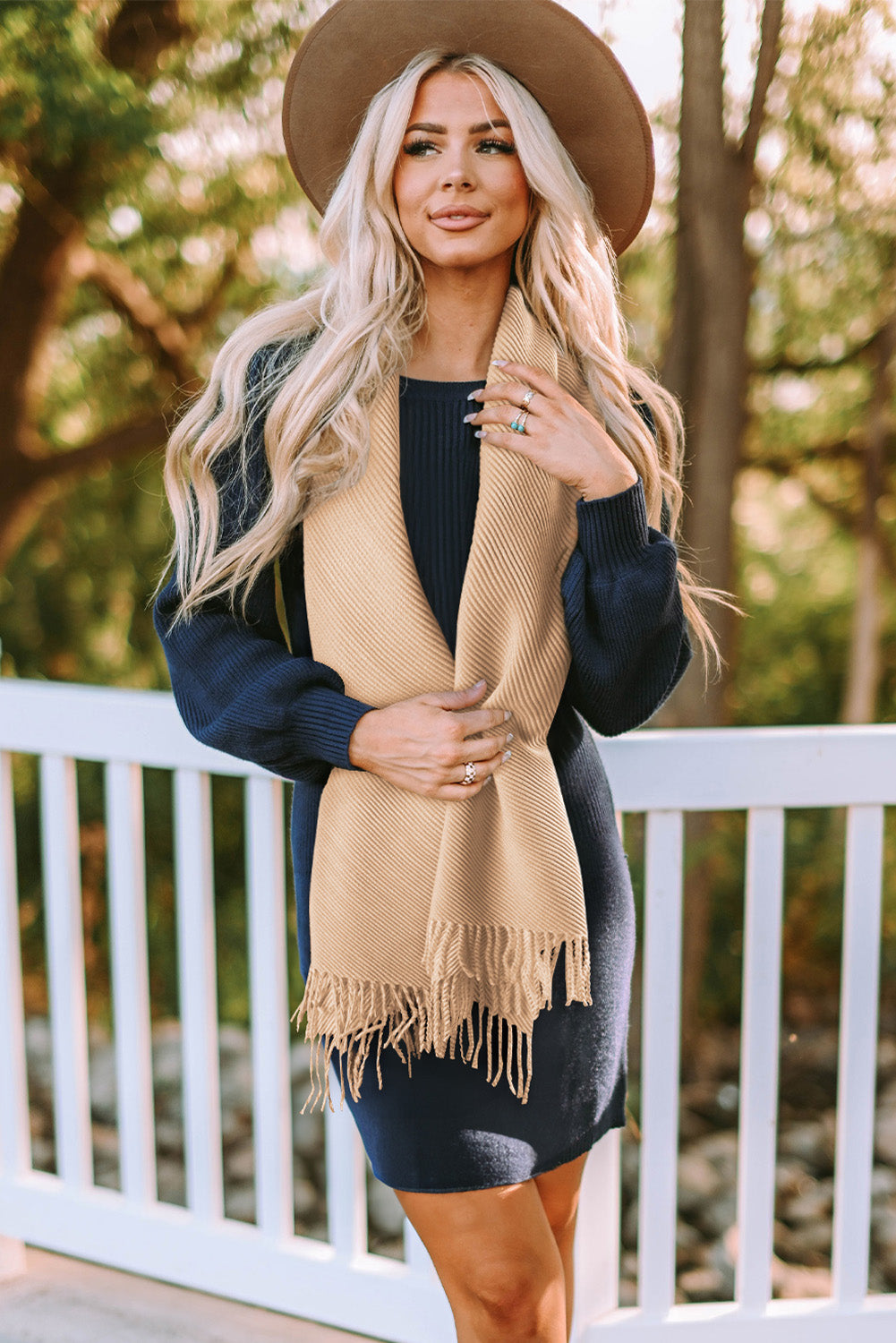 Chestnut Bohemian Fringe Trim Textured Scarf