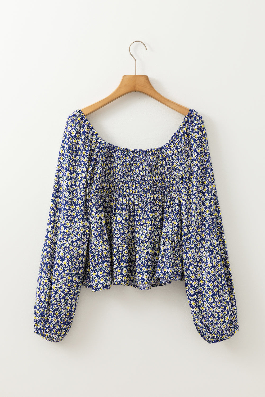 Blue Boho Floral Print Smocked Square Neck Blouse