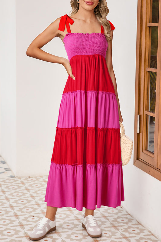 Rose Red Shirred Patchwork Shoulder Tie Straps Long Dress