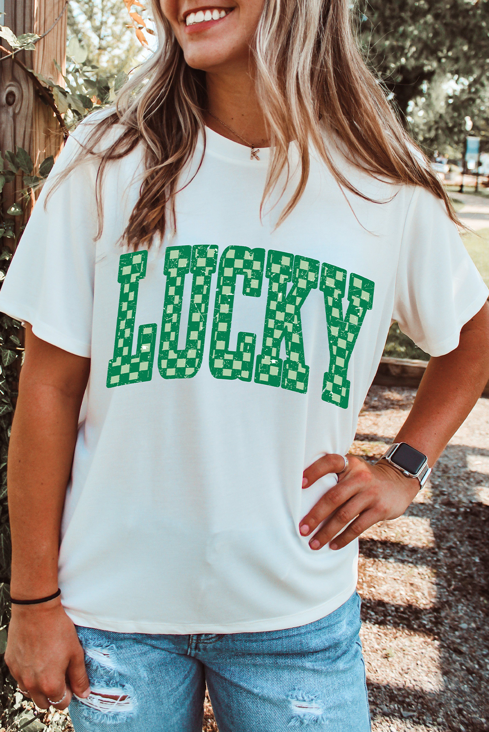 White Checkerboard LUCKY Graphic St Patrick Tee