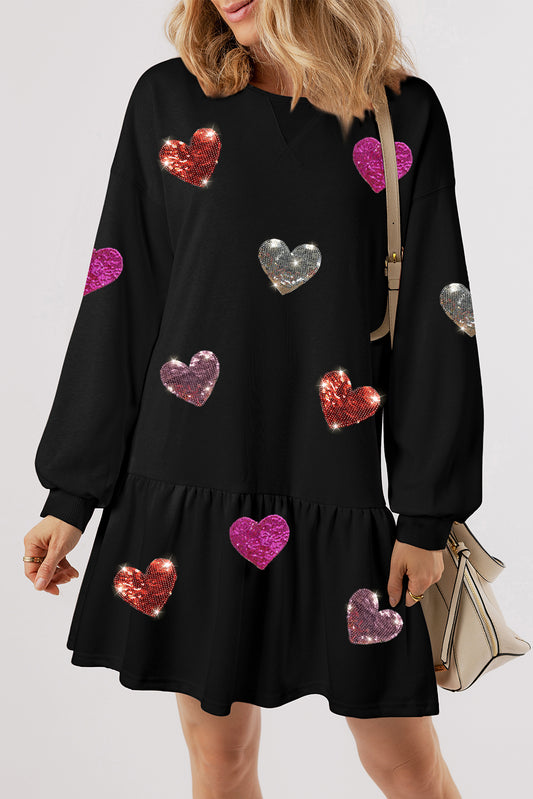 Black Shiny Heart Graphic Ruffled Knit Mini Dress