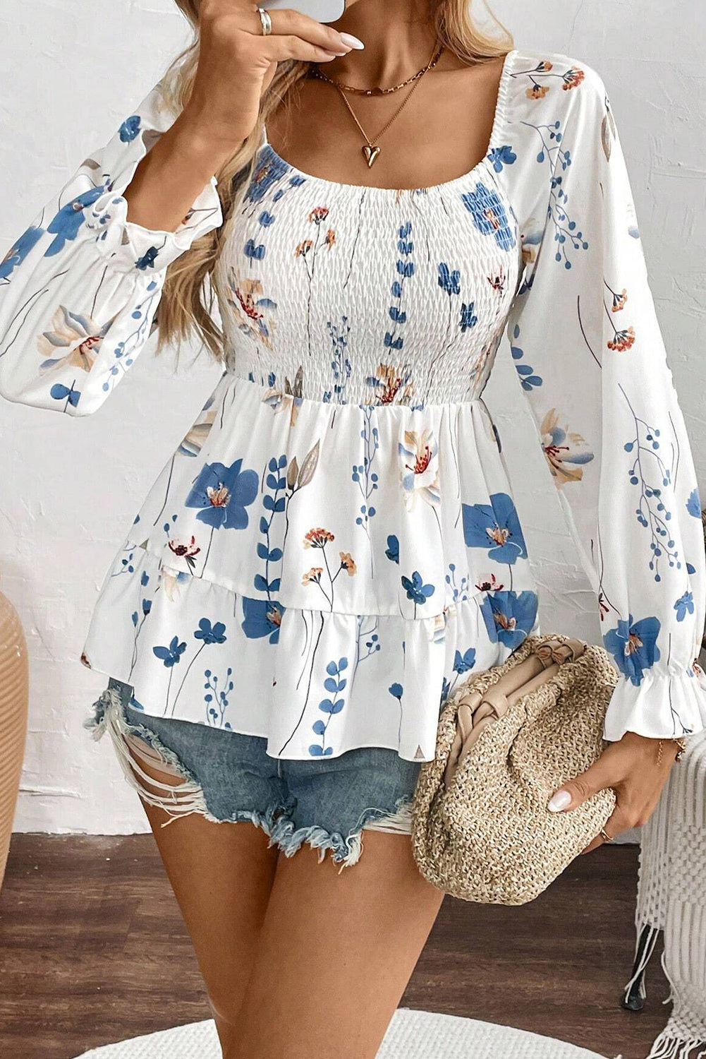 White Floral Shirred Square Neck Long Sleeve Shirt