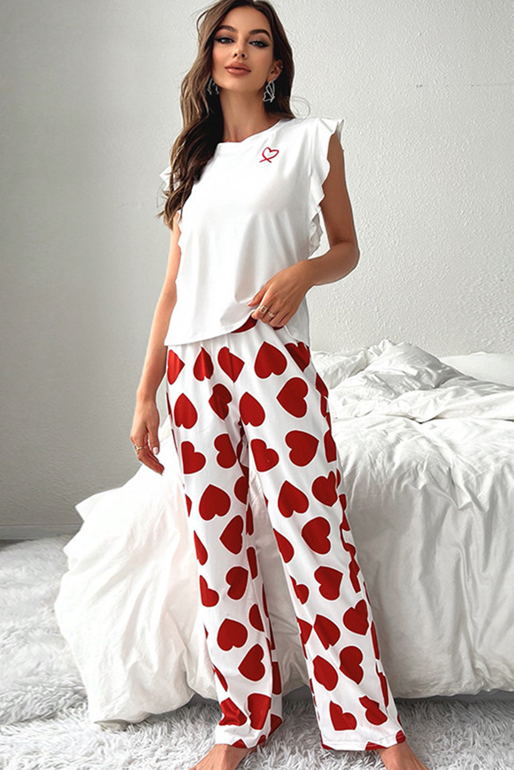 Black Heart Print Ruffle Sleeveless Top and Pants Valentine's Pajama Set