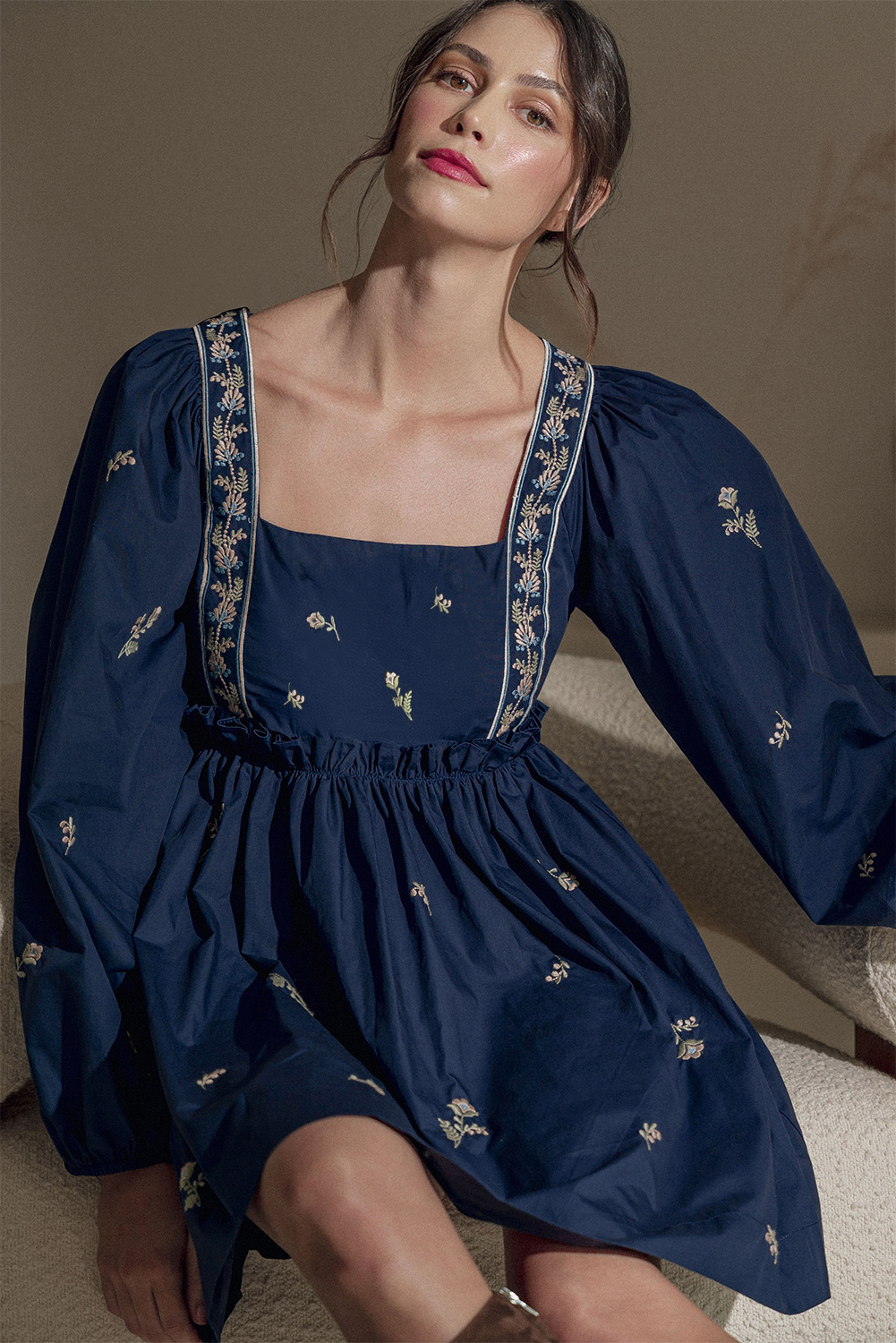 Blue Floral Embroidered Puff Sleeve Babydoll Dress