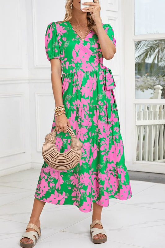 Green Boho Floral Knot High Waist V Neck Maxi Dress