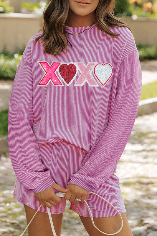 Phalaenopsis XOXO Heart Patched Pattern Corded Long Sleeve Top and Shorts Set