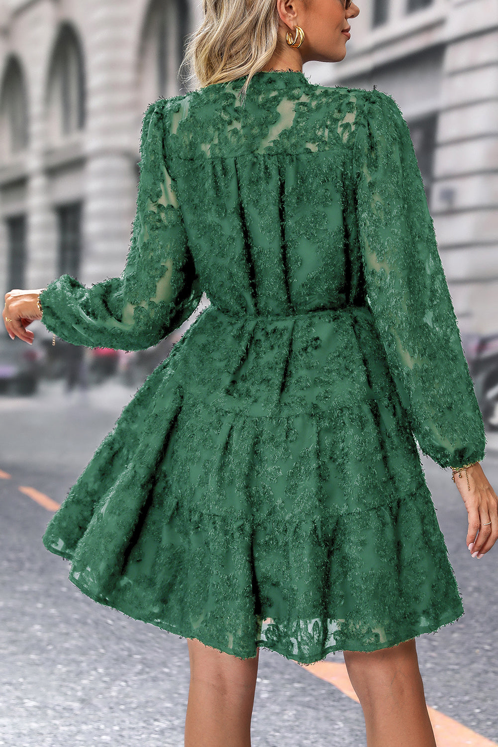 Dark Green Jacquard Long Sleeve Dress