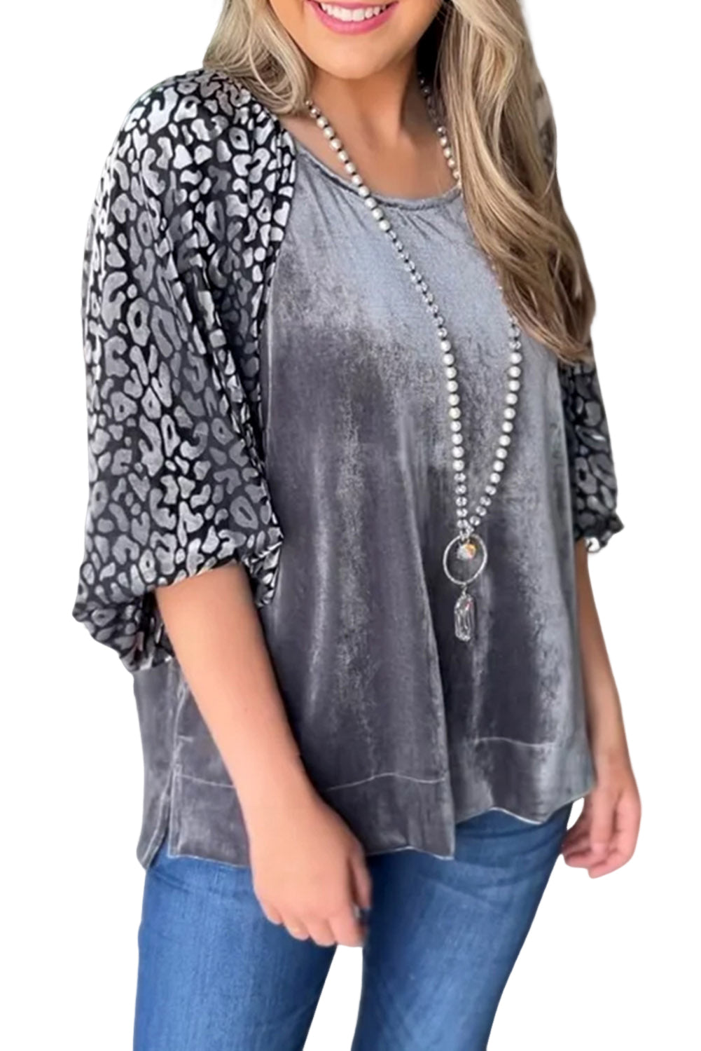 Grey Leopard Splicing Lantern Sleeve Velvet Blouse