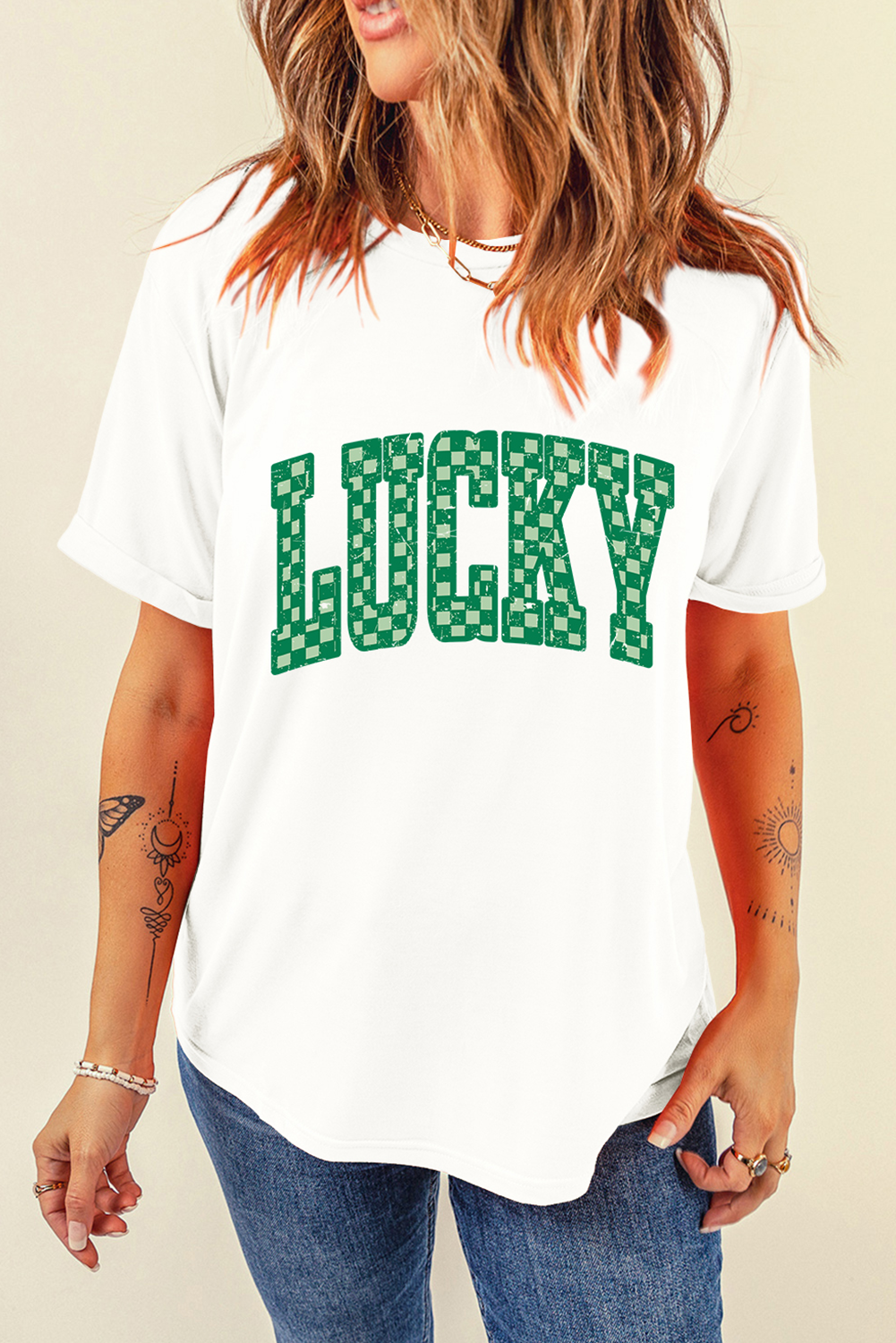 White Checkerboard LUCKY Graphic St Patrick Tee