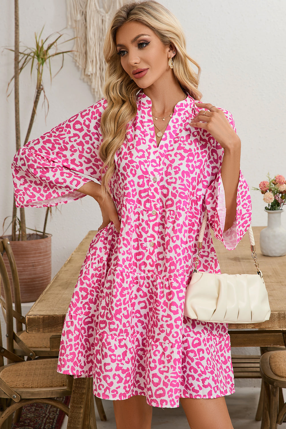 Bright Pink Leopard Print Flounce Sleeve Mini Dress