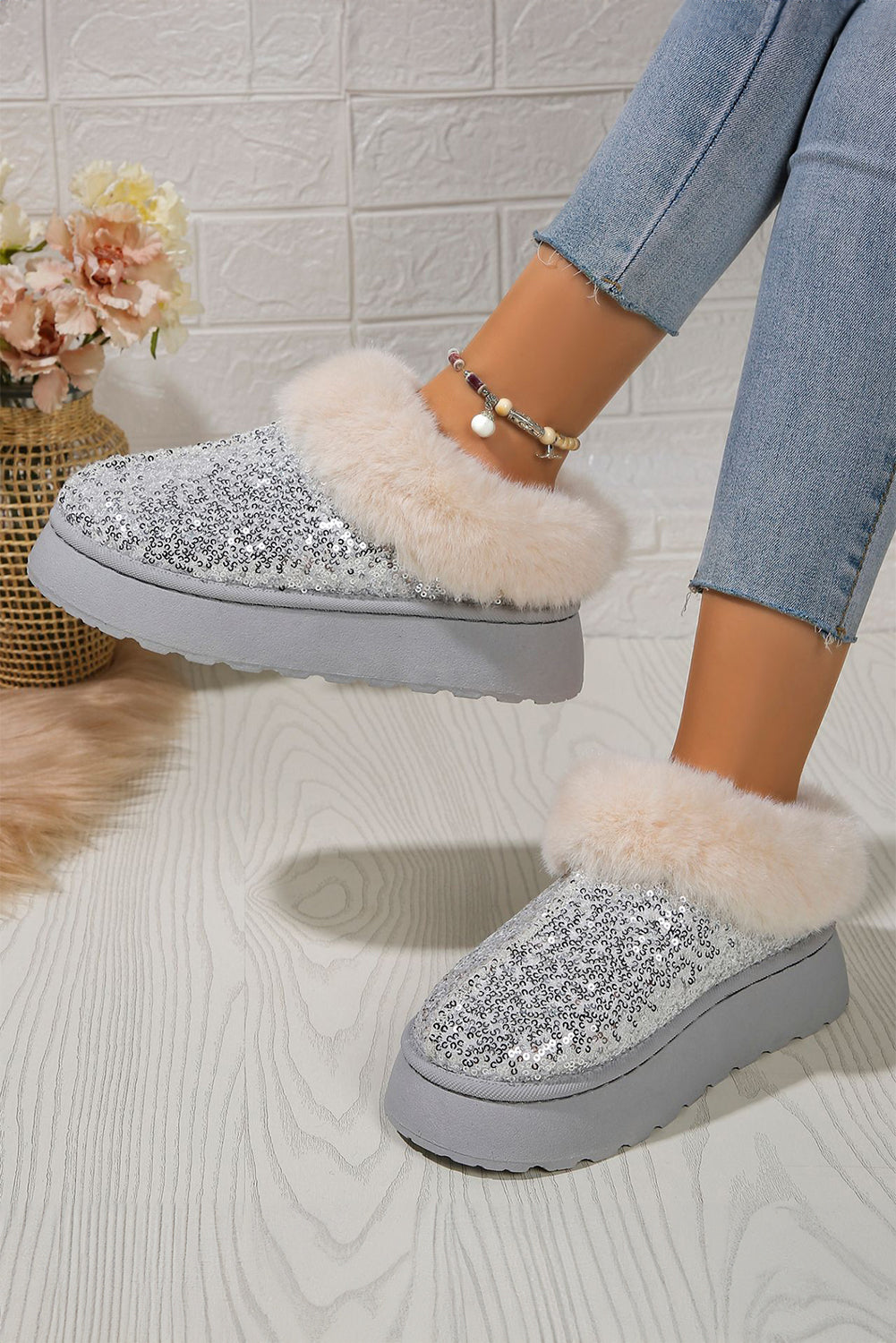 Silvery Sequin Plush Lined Thick Sole Snow Boots