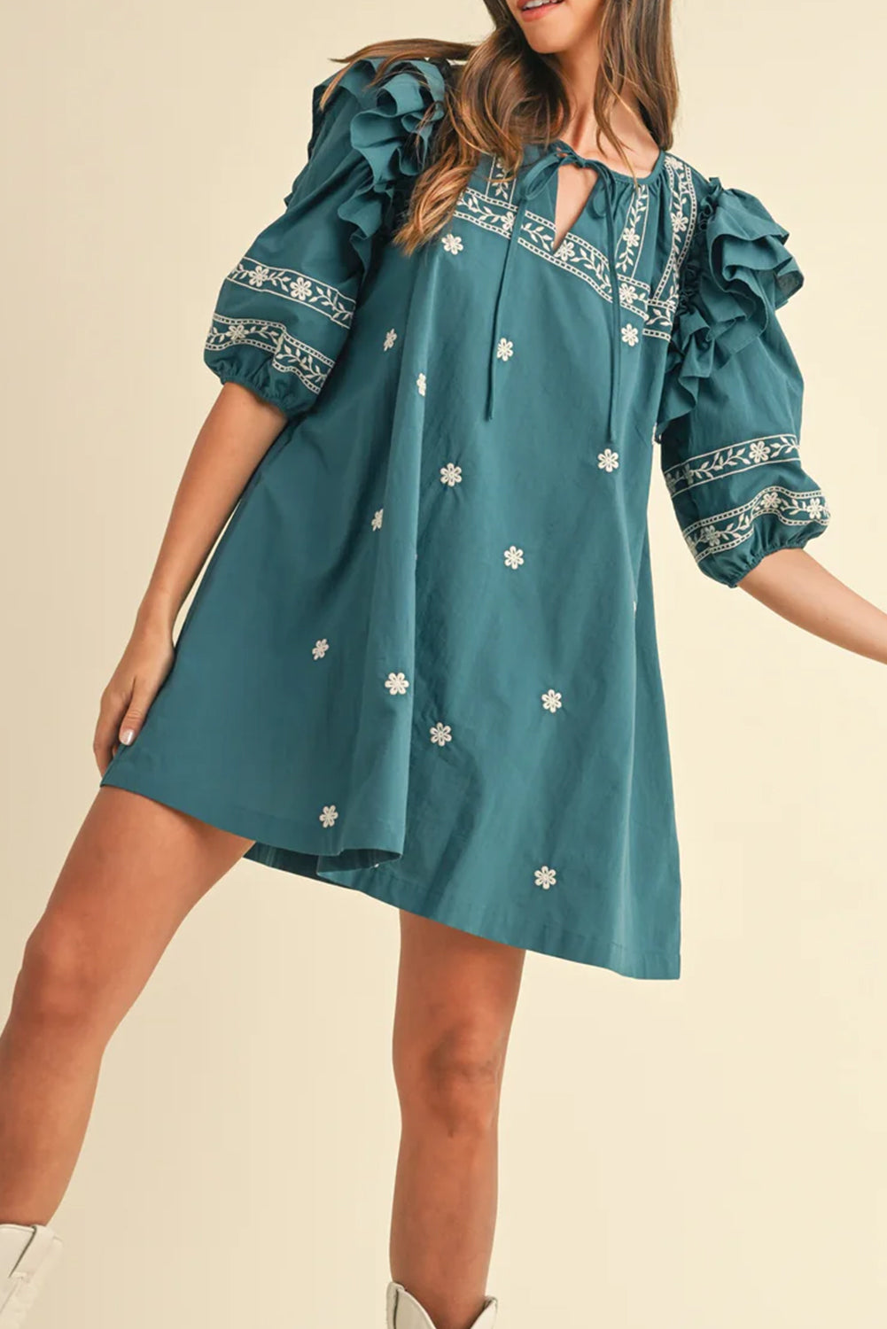 Skobeloff Boho Floral Puff Sleeve Tie Neck Mini Dress