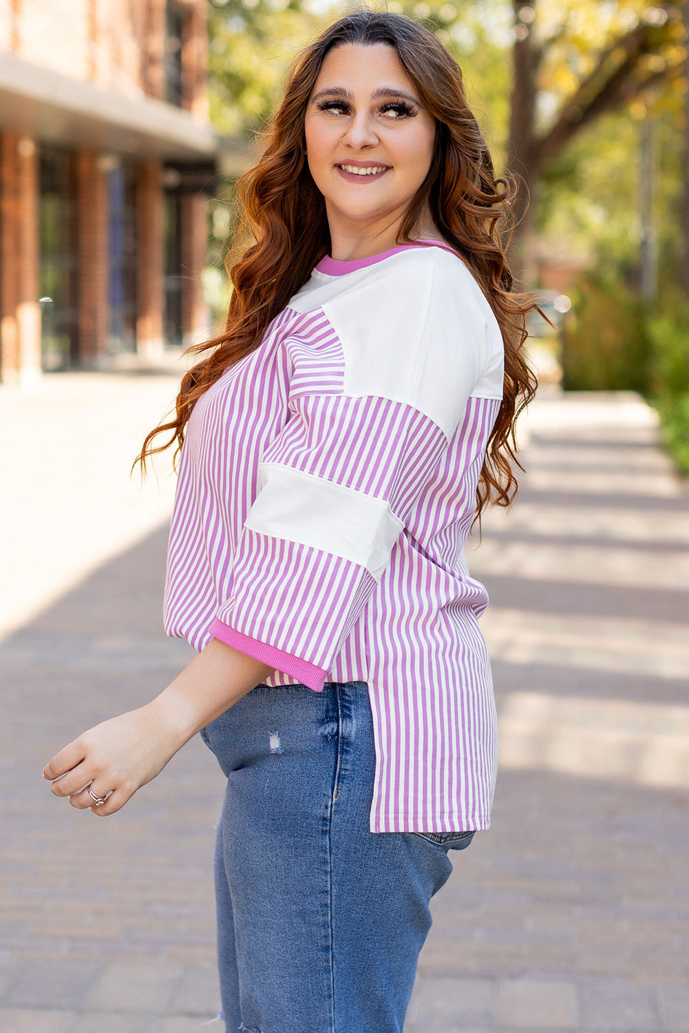 Pink Stripe Patchwork Bracelet Sleeve Plus Size T Shirt