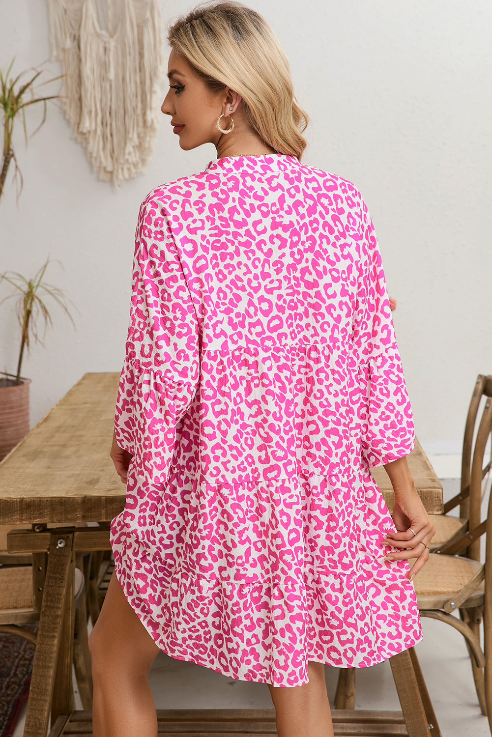 Bright Pink Leopard Print Flounce Sleeve Mini Dress