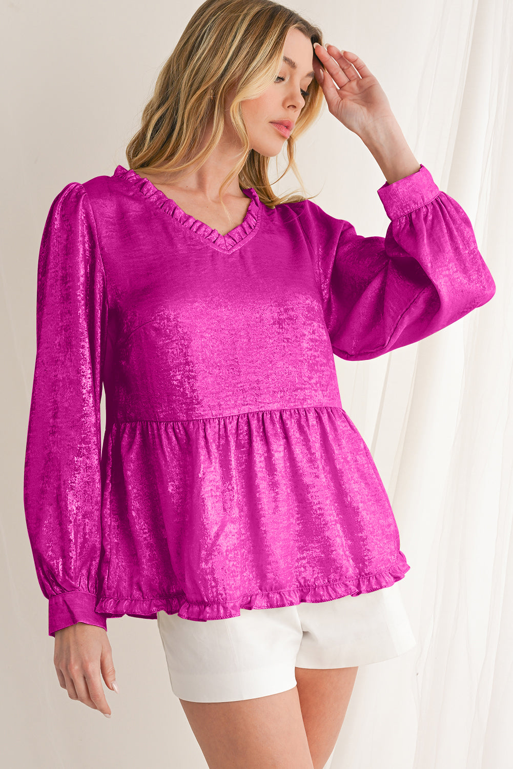 Rose Red Metallic Velvet Frill V Neck Puff Sleeve Babydoll Blouse